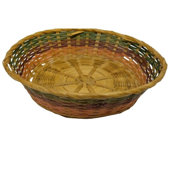 Round Wicker Easter Basket Rainbow Bands Green Purple Pink 8 inch - Picture 2 of 9